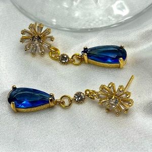 Blue Glass Teardrop Rhinestone with White Flower Rhinestone Posts Earrings